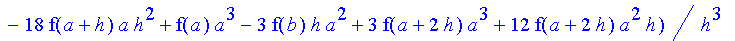 1/6*1/h^3*(f(b)-3*f(a+2*h)+3*f(a+h)-f(a))*x^3+1/6*1/h^3*(-3*f(b)*h-9*f(a+h)*a+12*f(a+2*h)*h+9*f(a+2*h)*a-3*f(b)*a-15*f(a+h)*h+6*f(a)*h+3*f(a)*a)*x^2+1/6*1/h^3*(6*f(b)*h*a+2*f(b)*h^2+18*f(a+h)*h^2+30*f(...
