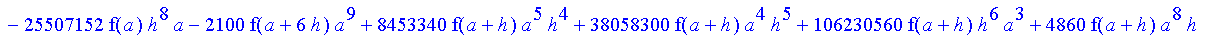 1/3628800*1/h^10*(f(b)-10*f(a+9*h)+45*f(a+8*h)+210*f(a+6*h)+210*f(a+4*h)+45*f(a+2*h)+f(a)-120*f(a+7*h)-252*f(a+5*h)-120*f(a+3*h)-10*f(a+h))*x^10+1/3628800*1/h^10*(-2385*f(a+2*h)*h+460*f(a+9*h)*h-45*f(b...