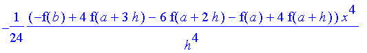 -1/24*1/h^4*(-f(b)+4*f(a+3*h)-6*f(a+2*h)-f(a)+4*f(a+h))*x^4-1/24*1/h^4*(6*f(b)*h-28*f(a+3*h)*h-16*f(a+3*h)*a+4*f(b)*a+24*f(a+2*h)*a+48*f(a+2*h)*h-36*f(a+h)*h+10*f(a)*h+4*f(a)*a-16*f(a+h)*a)*x^3-1/24*1/...