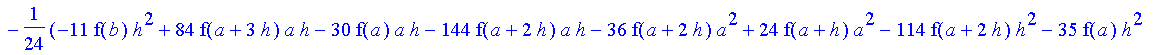 -1/24*1/h^4*(-f(b)+4*f(a+3*h)-6*f(a+2*h)-f(a)+4*f(a+h))*x^4-1/24*1/h^4*(6*f(b)*h-28*f(a+3*h)*h-16*f(a+3*h)*a+4*f(b)*a+24*f(a+2*h)*a+48*f(a+2*h)*h-36*f(a+h)*h+10*f(a)*h+4*f(a)*a-16*f(a+h)*a)*x^3-1/24*1/...