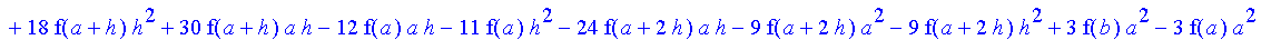1/6*1/h^3*(f(b)-3*f(a+2*h)+3*f(a+h)-f(a))*x^3+1/6*1/h^3*(-3*f(b)*h-9*f(a+h)*a+12*f(a+2*h)*h+9*f(a+2*h)*a-3*f(b)*a-15*f(a+h)*h+6*f(a)*h+3*f(a)*a)*x^2+1/6*1/h^3*(6*f(b)*h*a+2*f(b)*h^2+18*f(a+h)*h^2+30*f(...